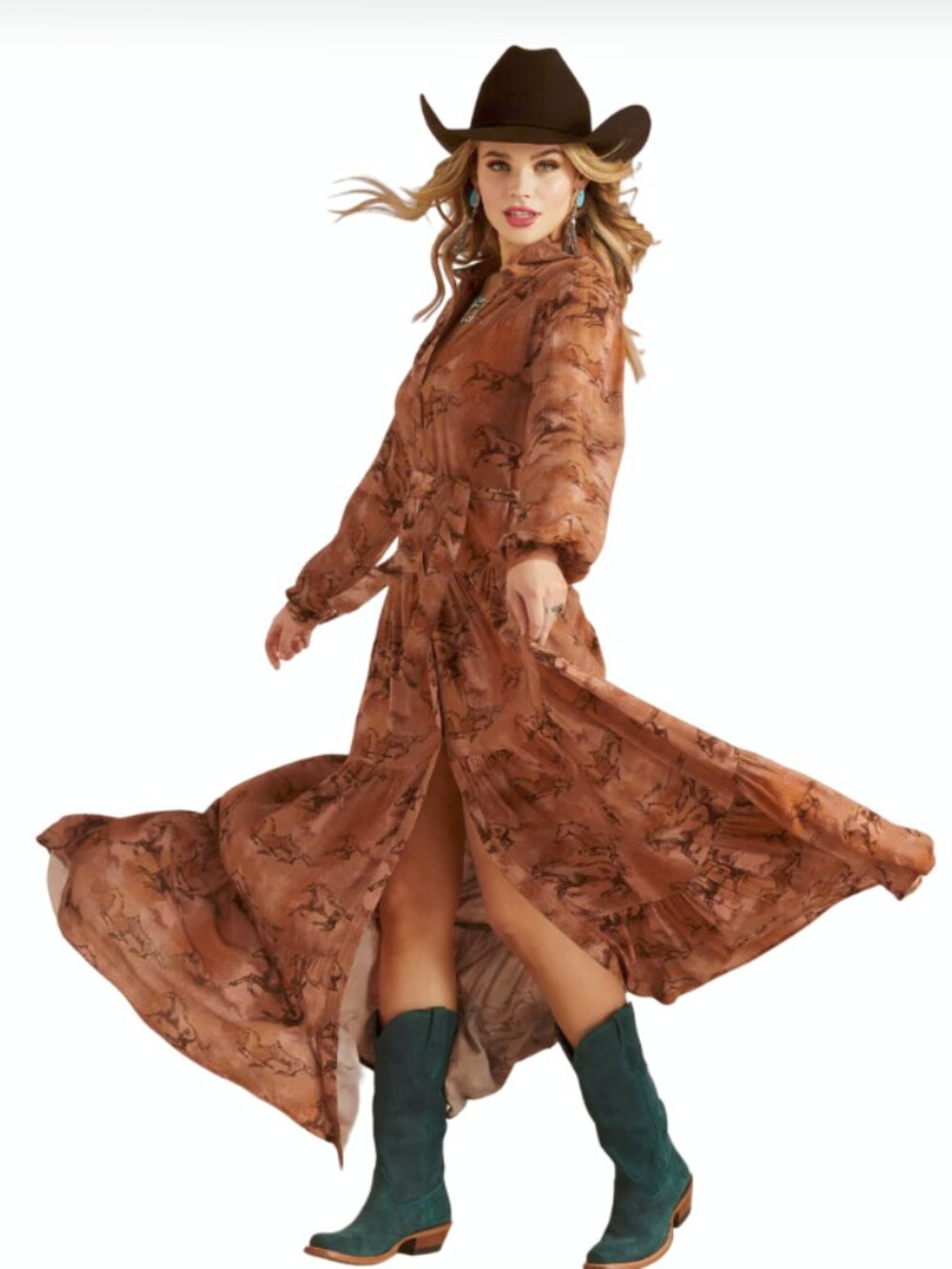Ariat Womens Gallop Away Pink and Rust Printed Button-Front Maxi Dress - Picture 3 of 10